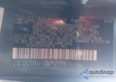 2007 Toyota Sienna Le z USA, uszkodzony, nr VIN 5TDZK23CX7S065710